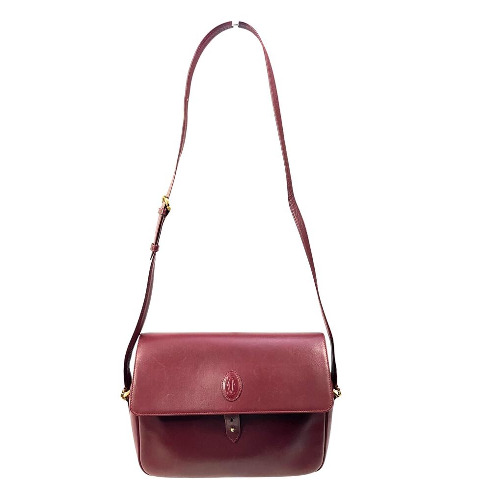 Cartier Must De Cartier Vintage Burgundy Leather Crossbody Bag Logo Flap